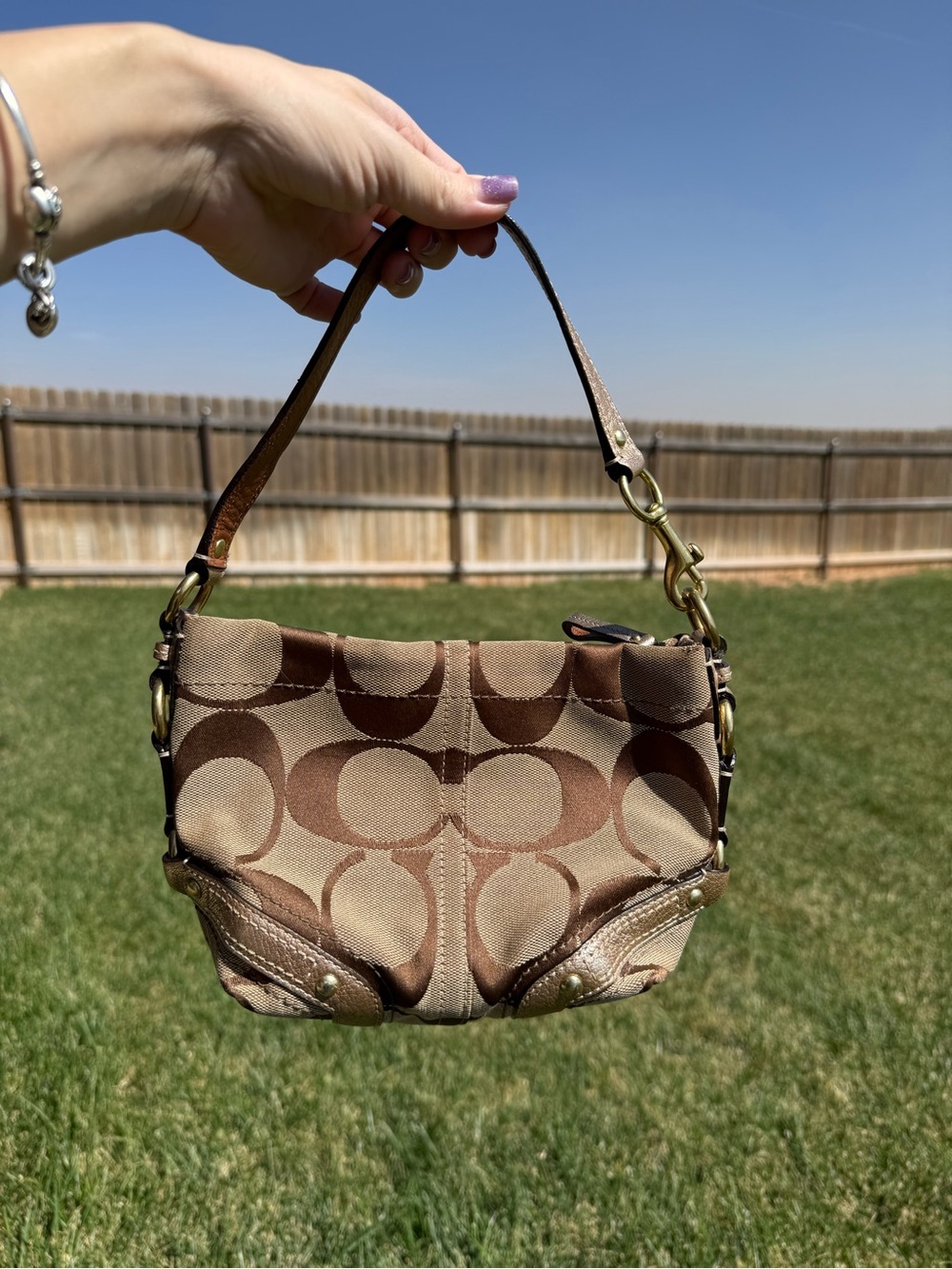 Coach Signature Canvas Shoulder Bag in Beige and Brown Style #F42780